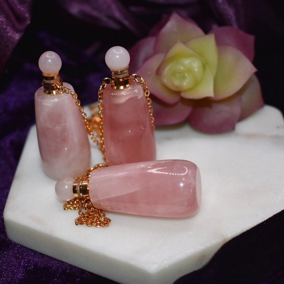Mother Earth, Crystals, Natural, Altar Jewelry - Rose Quartz Bottle Pendant Necklace